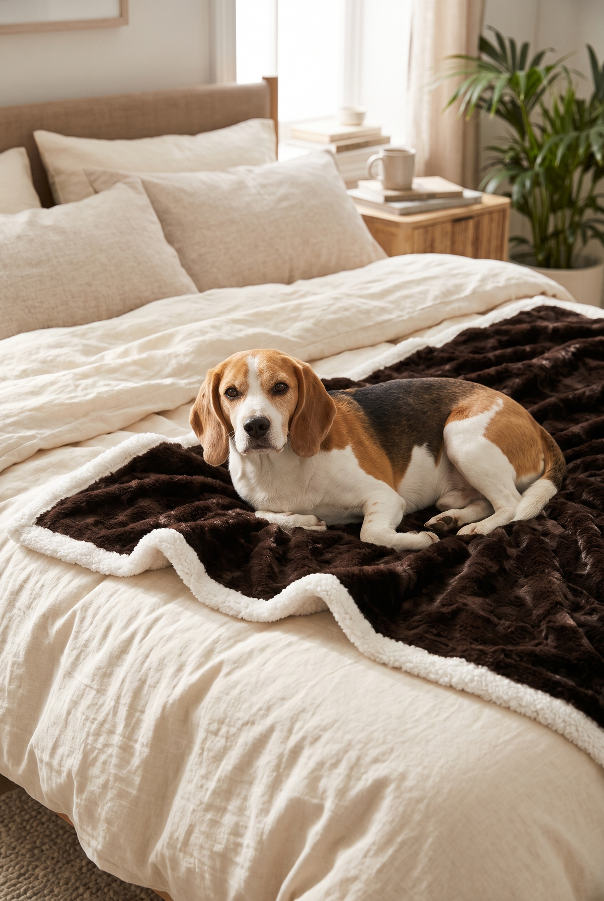 A beagle on the Cloud Plush Pet Blanket in mocha