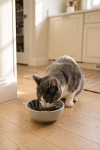 A cat eating from the Cove ceramic bowl