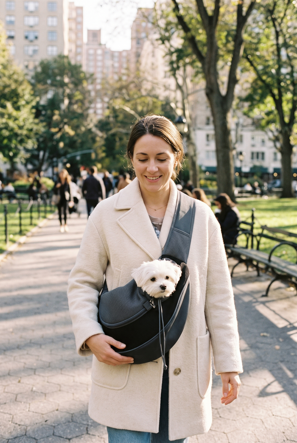 A Maltese in the Cradle sling carrier