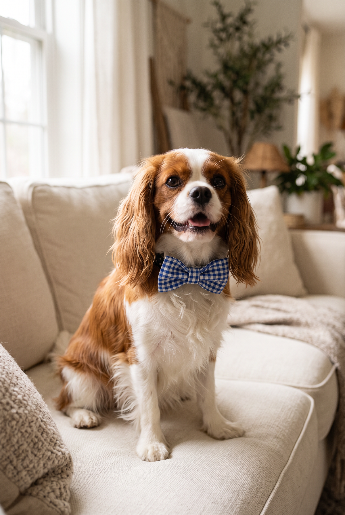 A spaniel wearing the Dapper gingham bow tie