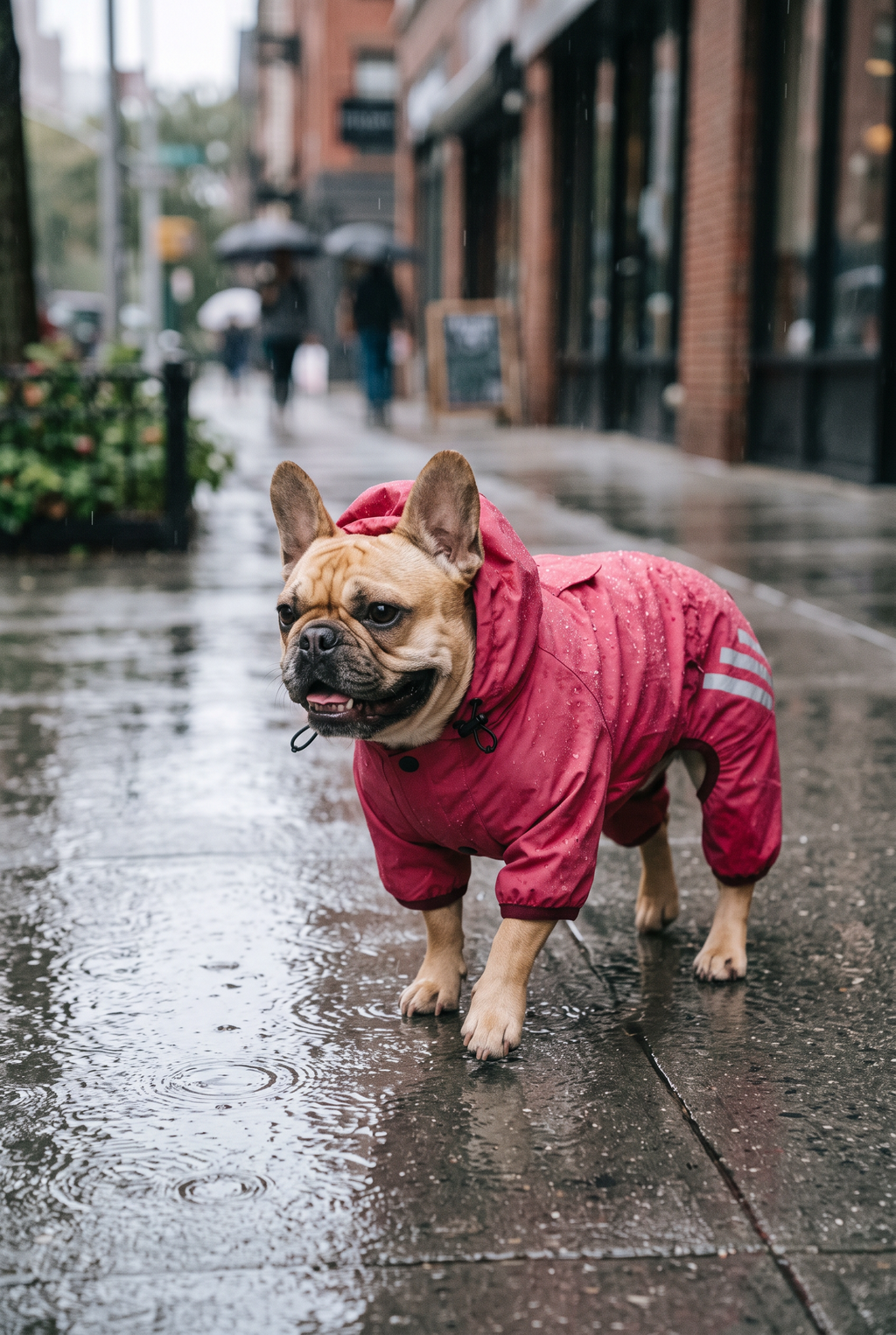 A French bulldog in the Drizzle raincoat