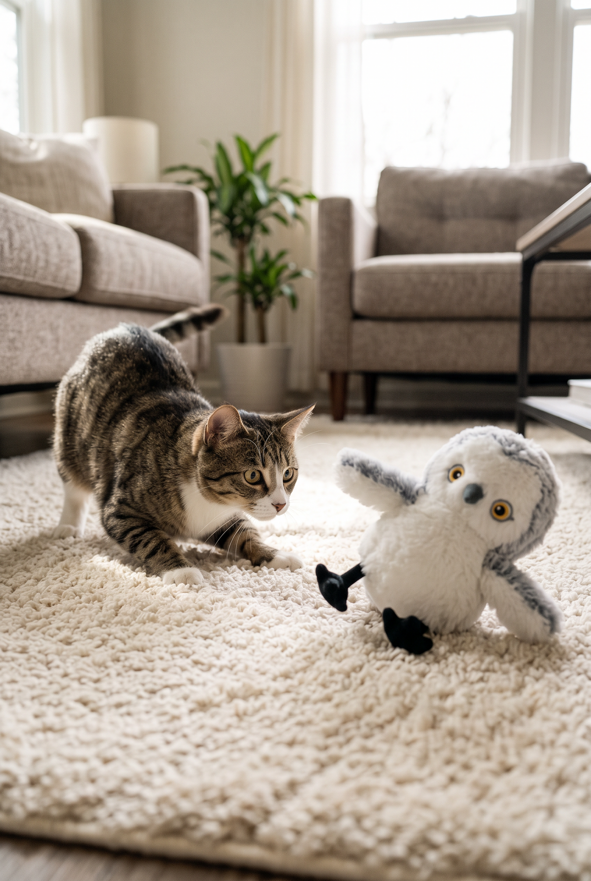 A cat pouncing on the Flit flapping bird toy