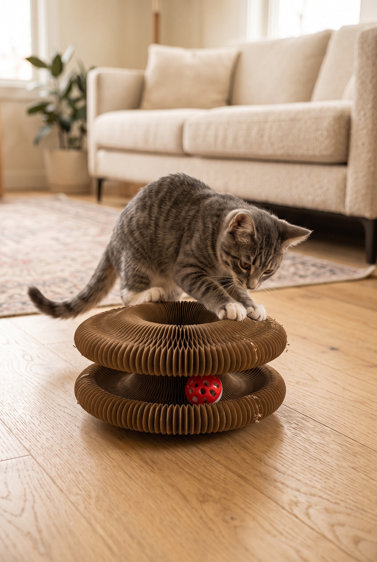 A cat scratching the Fold cardboard scratcher