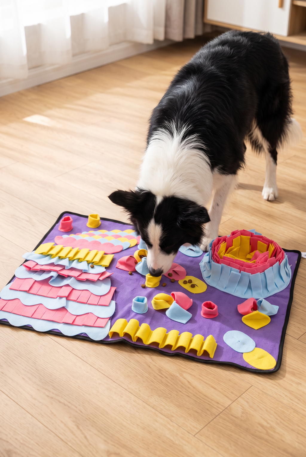 A border collie sniffing the Forage snuffle mat