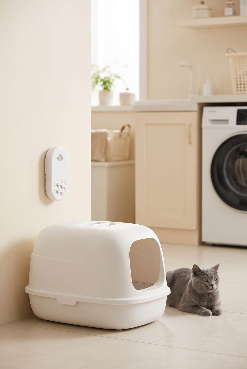 The Fresh deodorizer beside a litter box