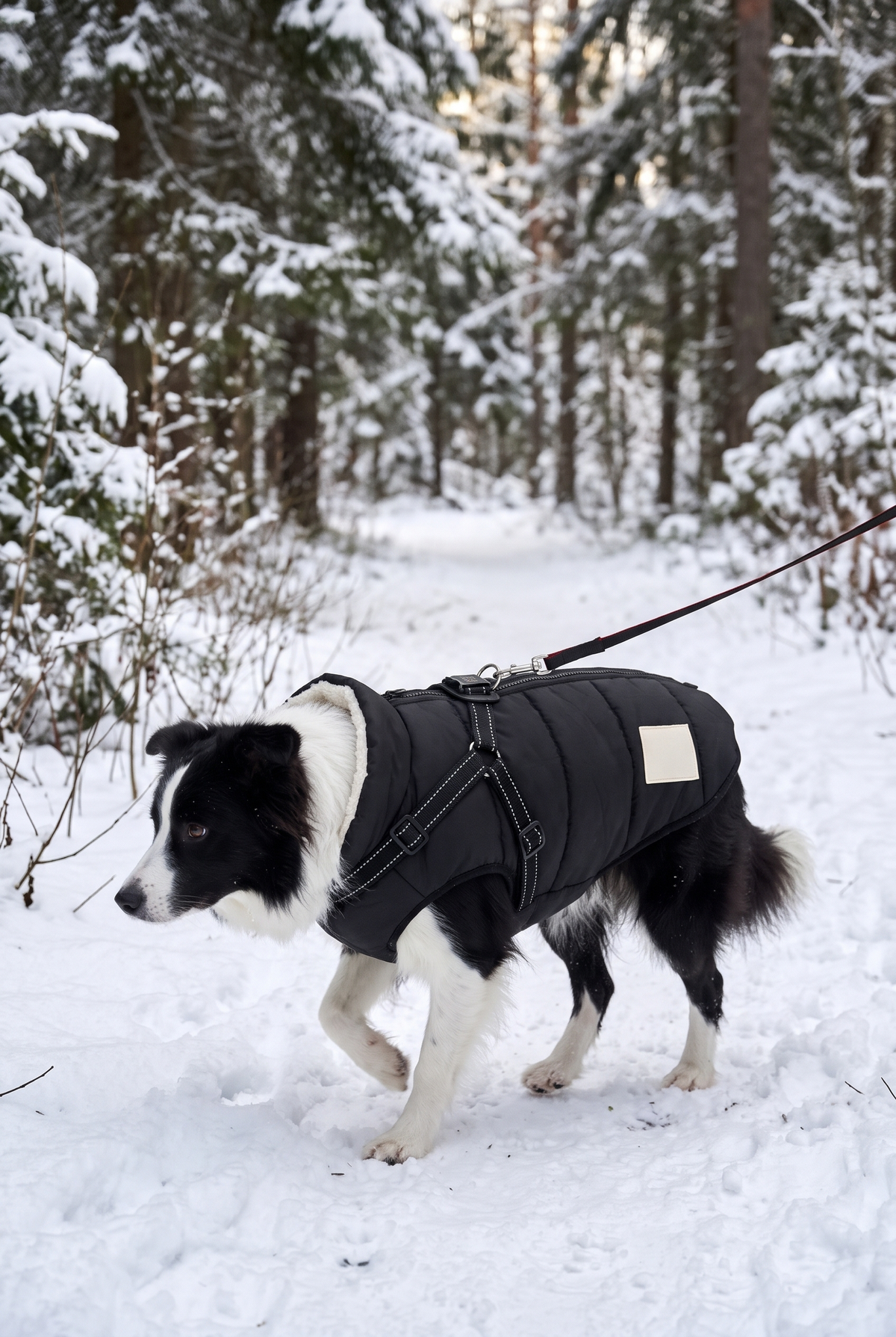A border collie in the Frost winter jacket