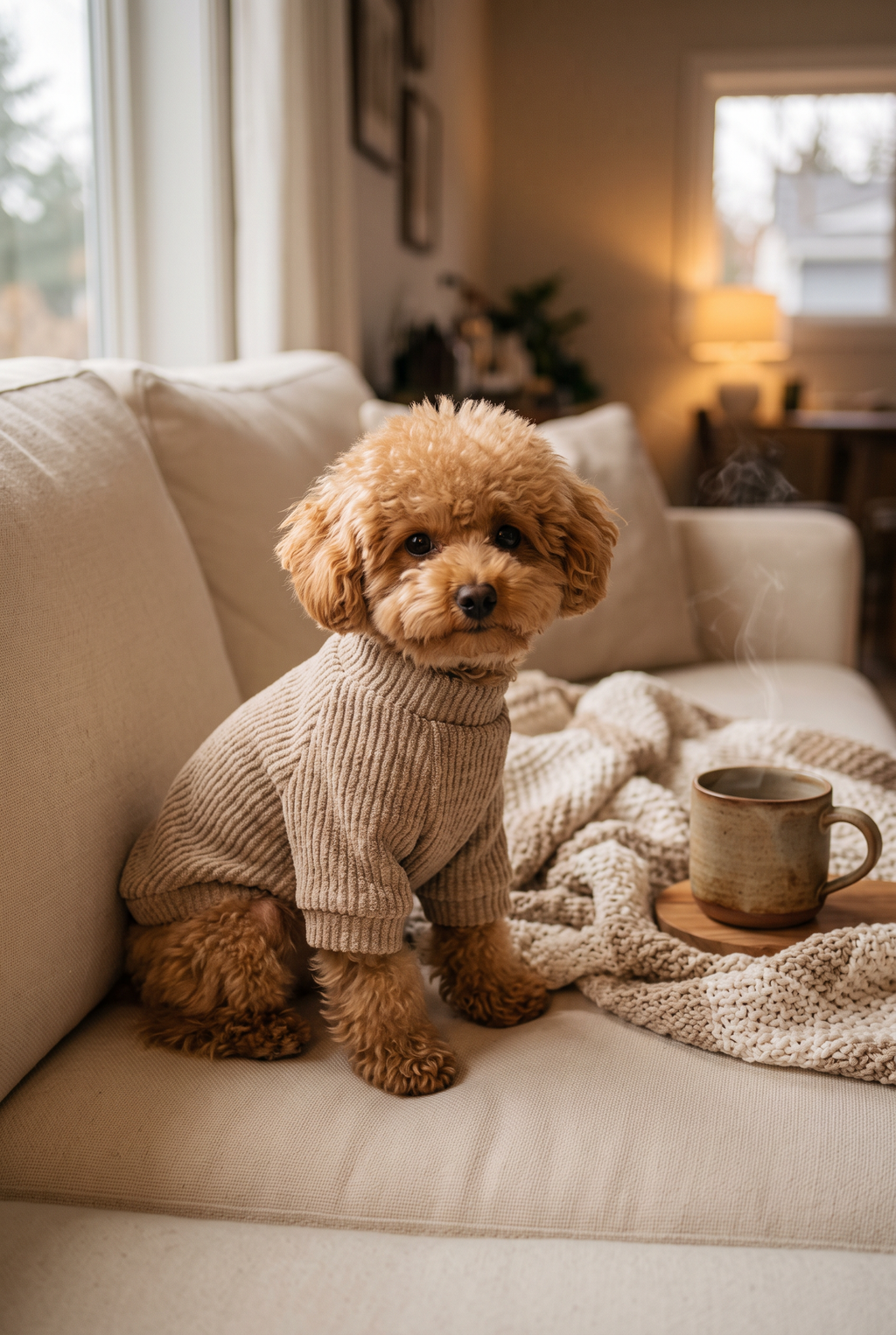 A toy poodle in the Knit dog sweater