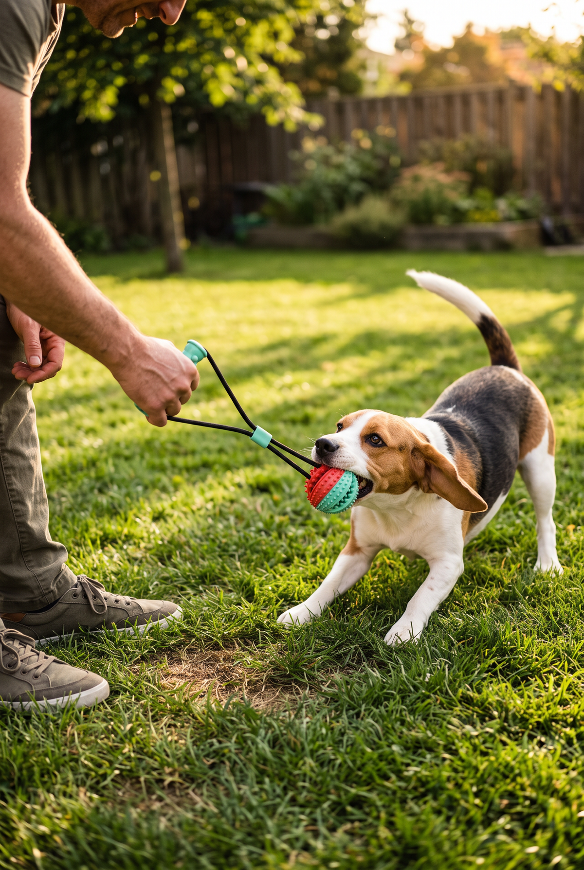 A beagle tugging the Knot rope toy
