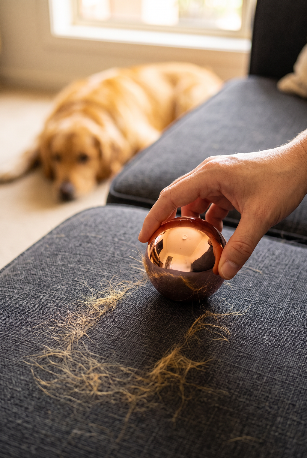 Lifting dog hair off a sofa with the Lift ball