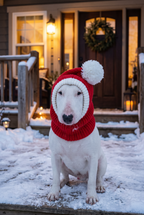 A bull terrier in the Mistle knit hood