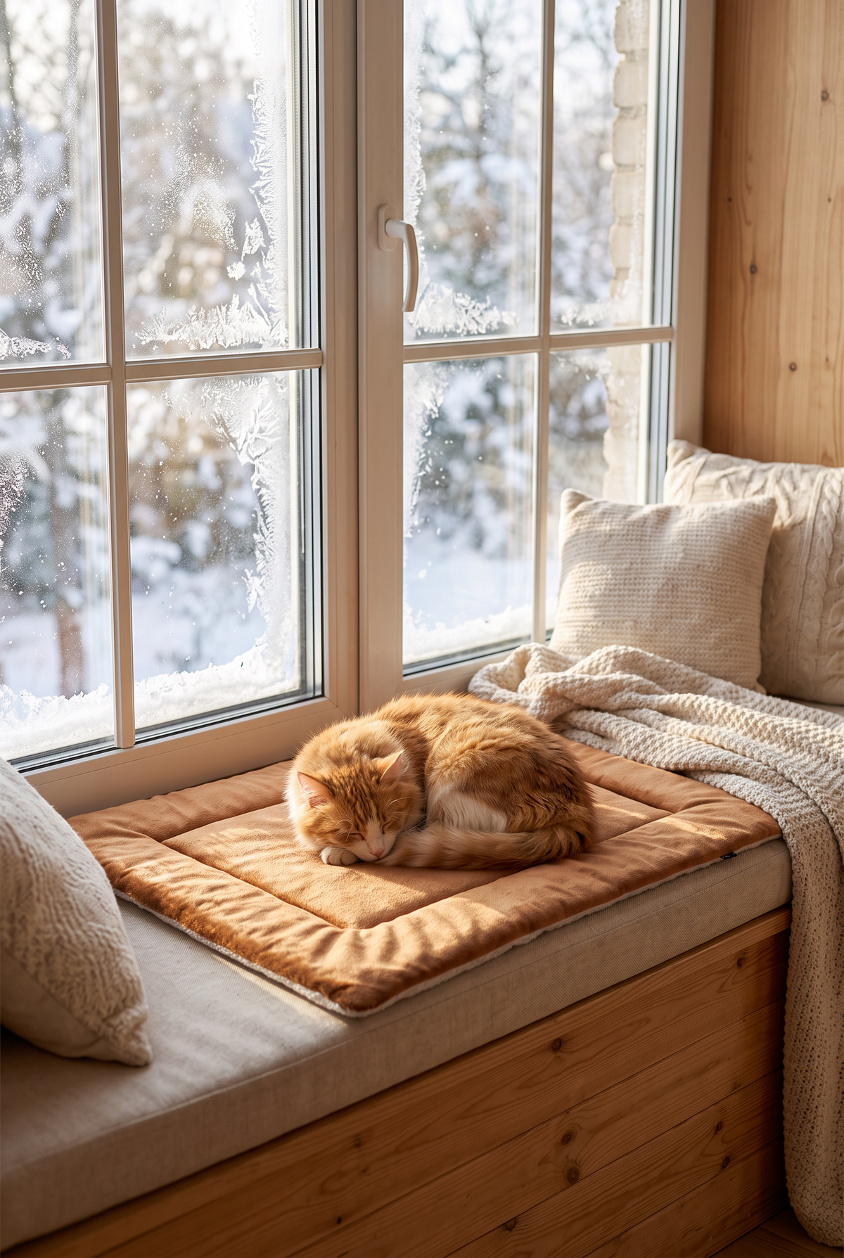 A cat on the caramel Nook mat on a window seat