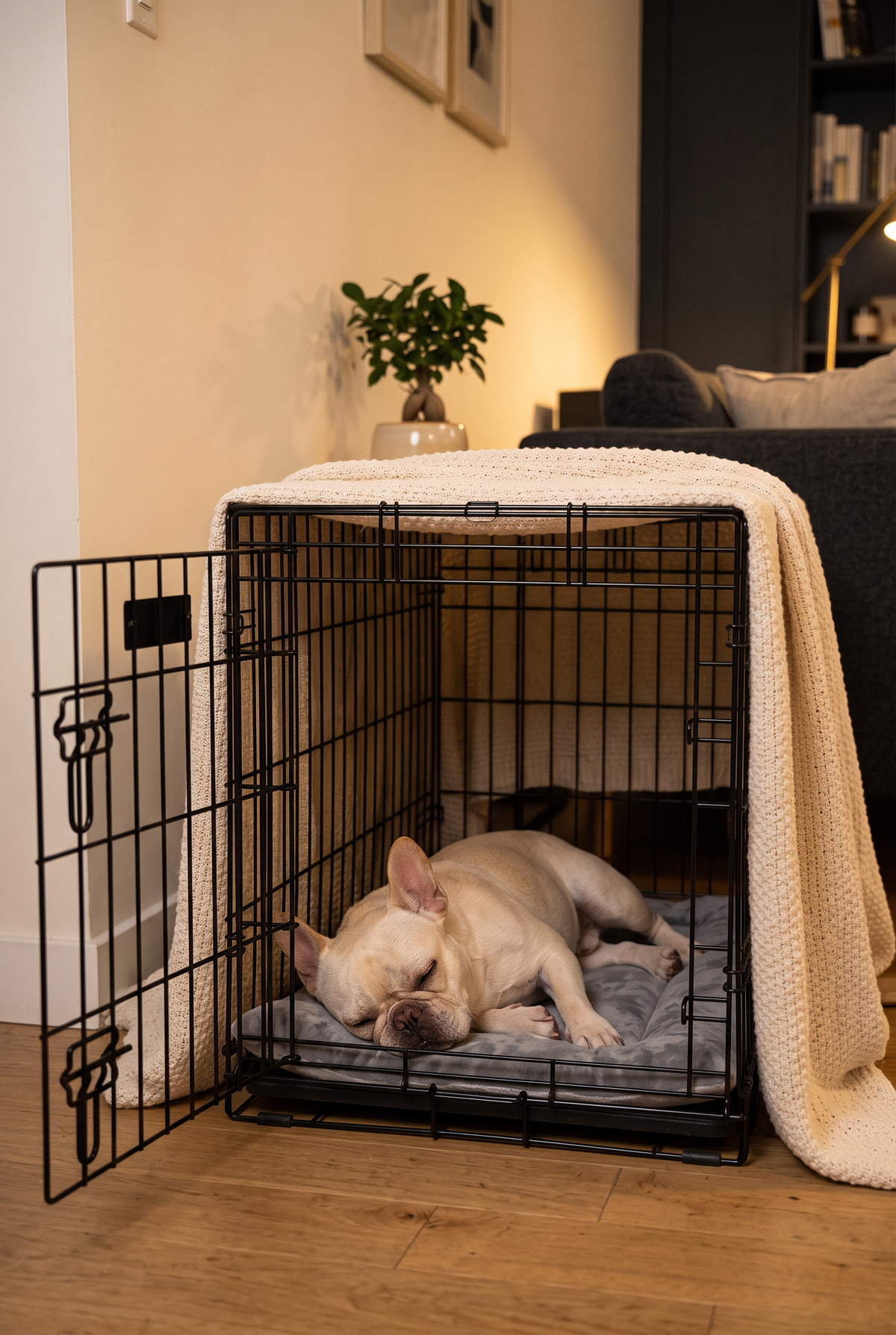 A French bulldog asleep on the Nook mat in a crate
