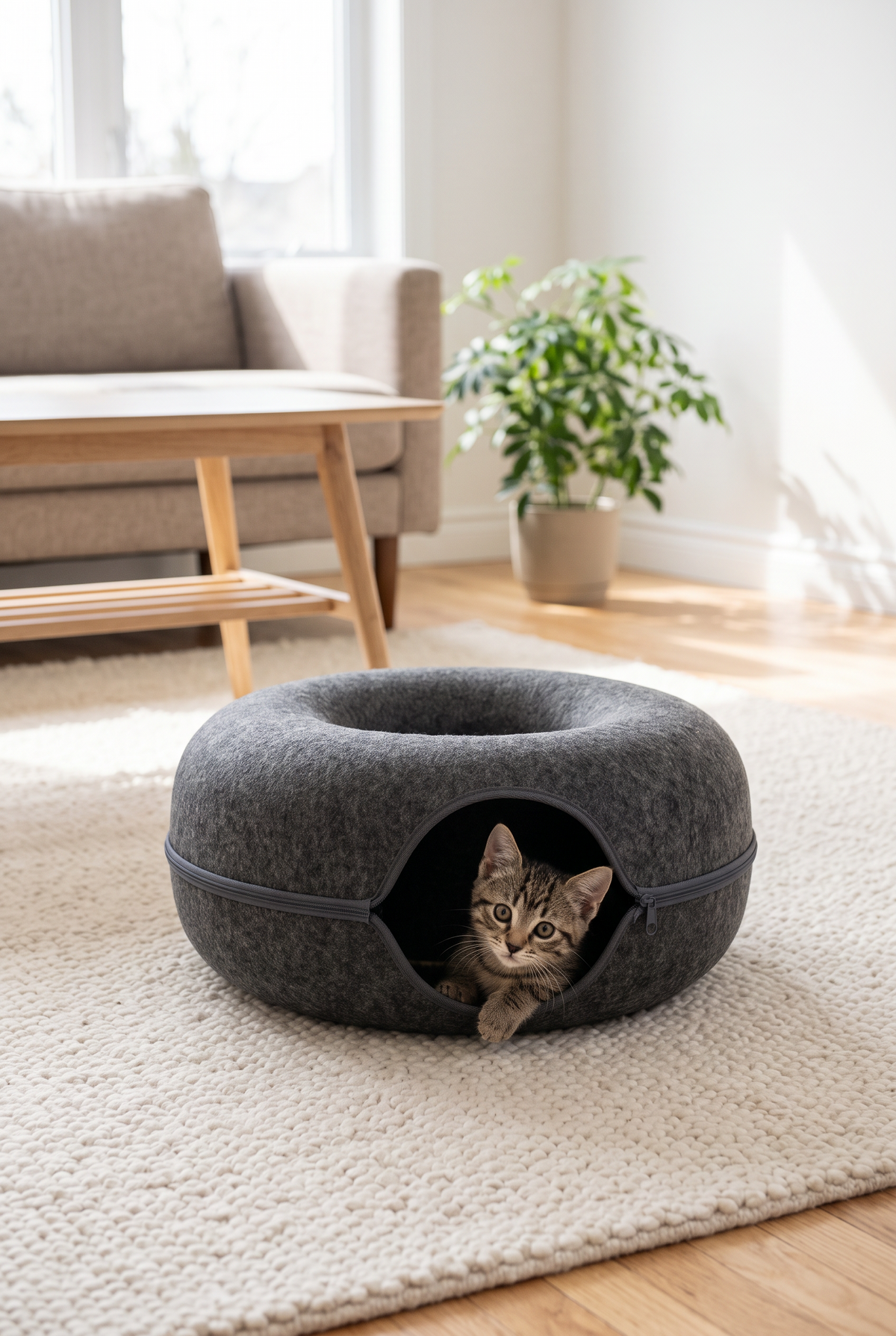 A kitten peeking out of the Orbit tunnel bed