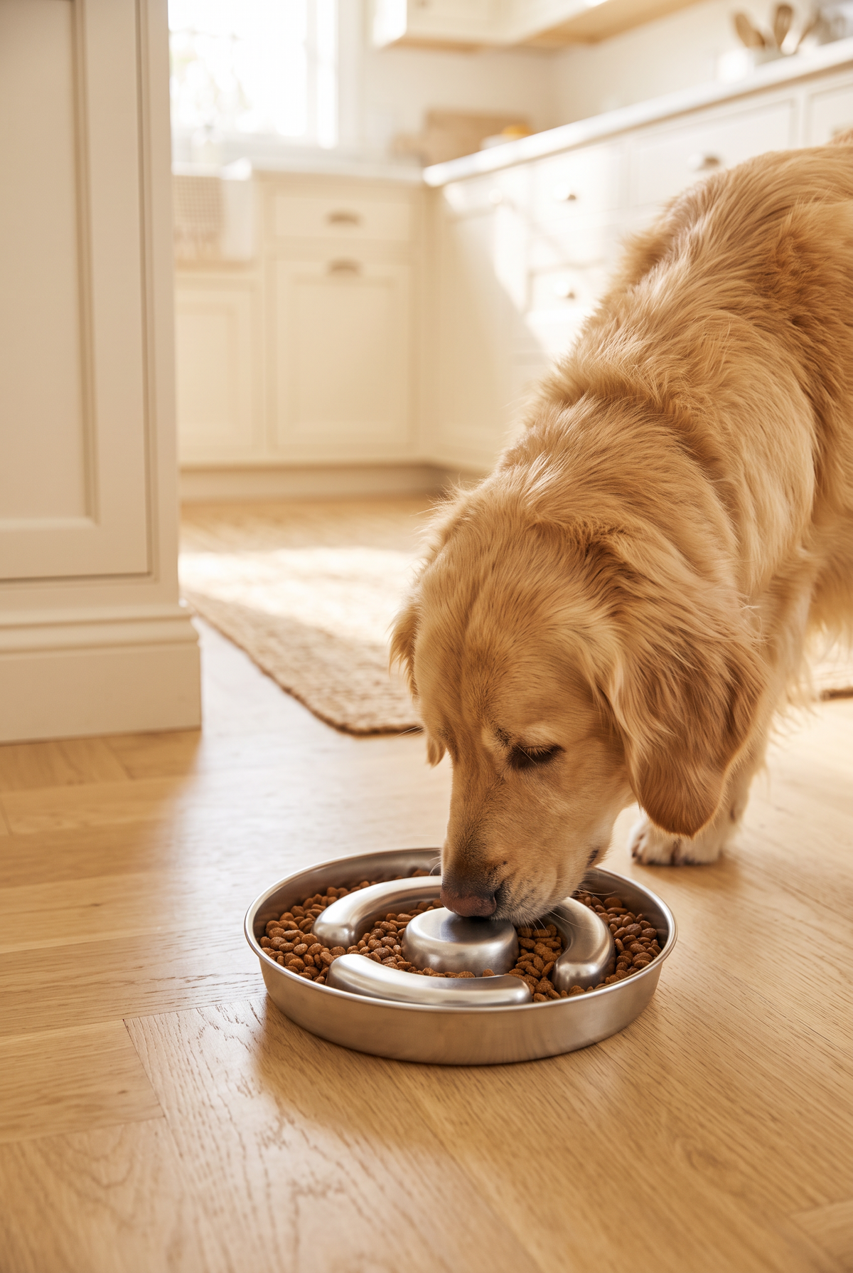A golden retriever eating from the Pace slow feeder