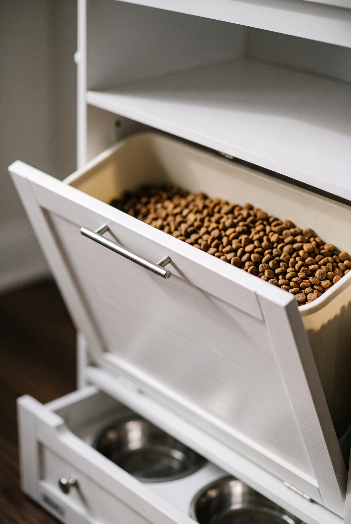 Pantry feeding station tilt-out food bin close-up