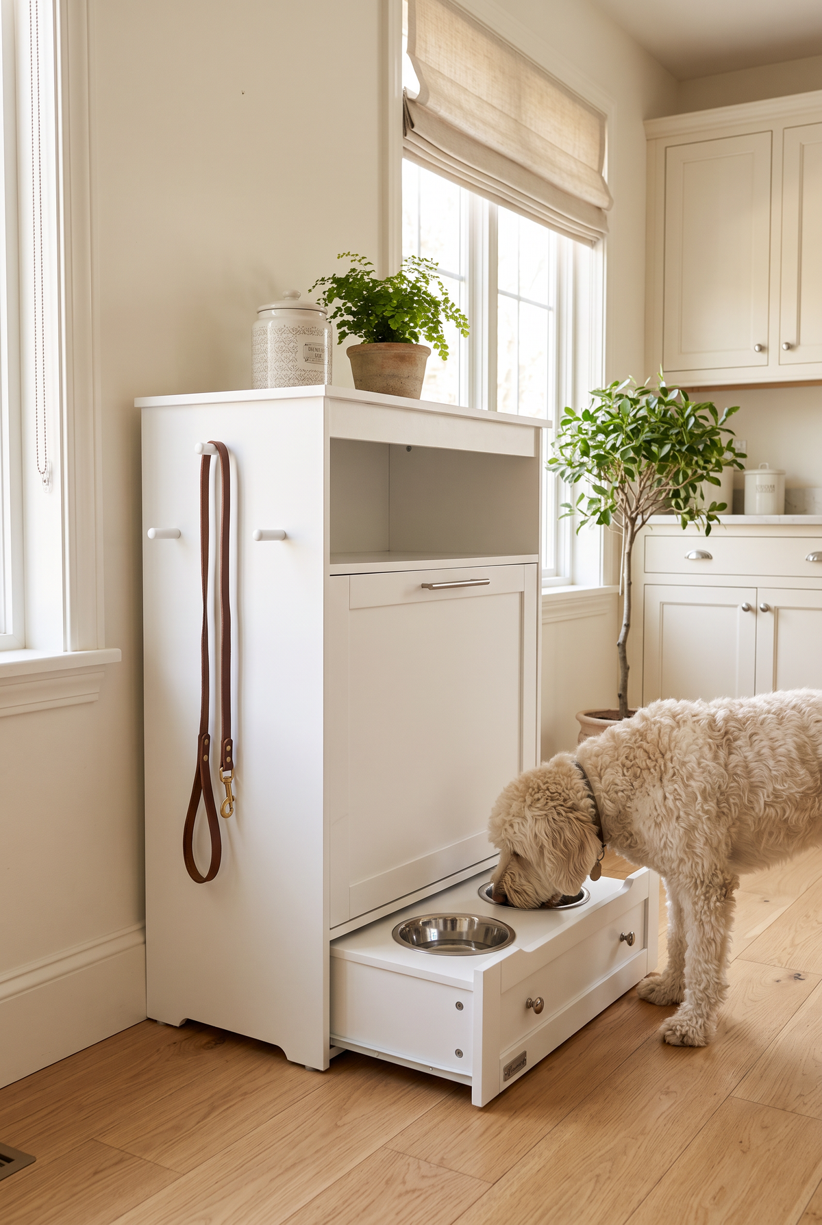 Labradoodle eating from the Pantry pet feeding station in a cream kitchen