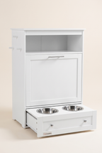 Pantry pet feeding station, white cabinet with raised stainless bowls