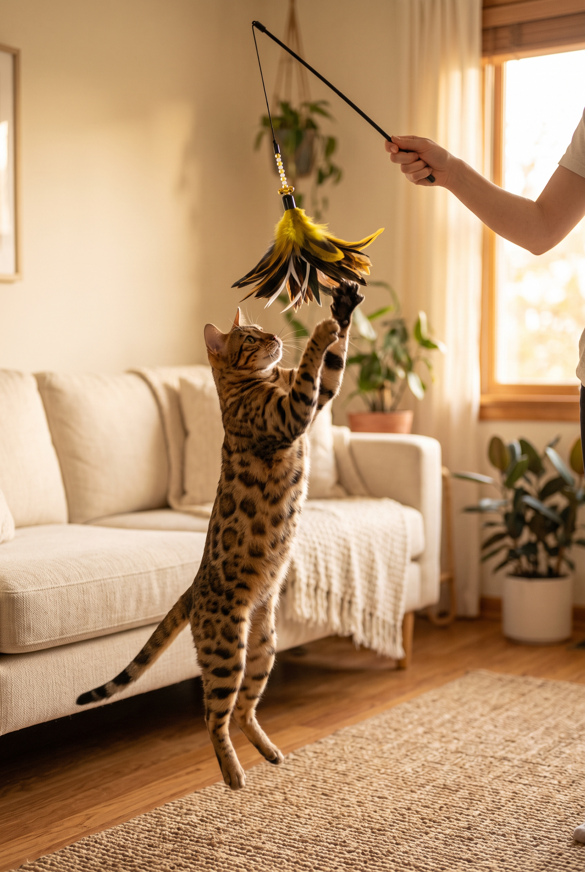 A Bengal cat leaping at the Plume feather wand