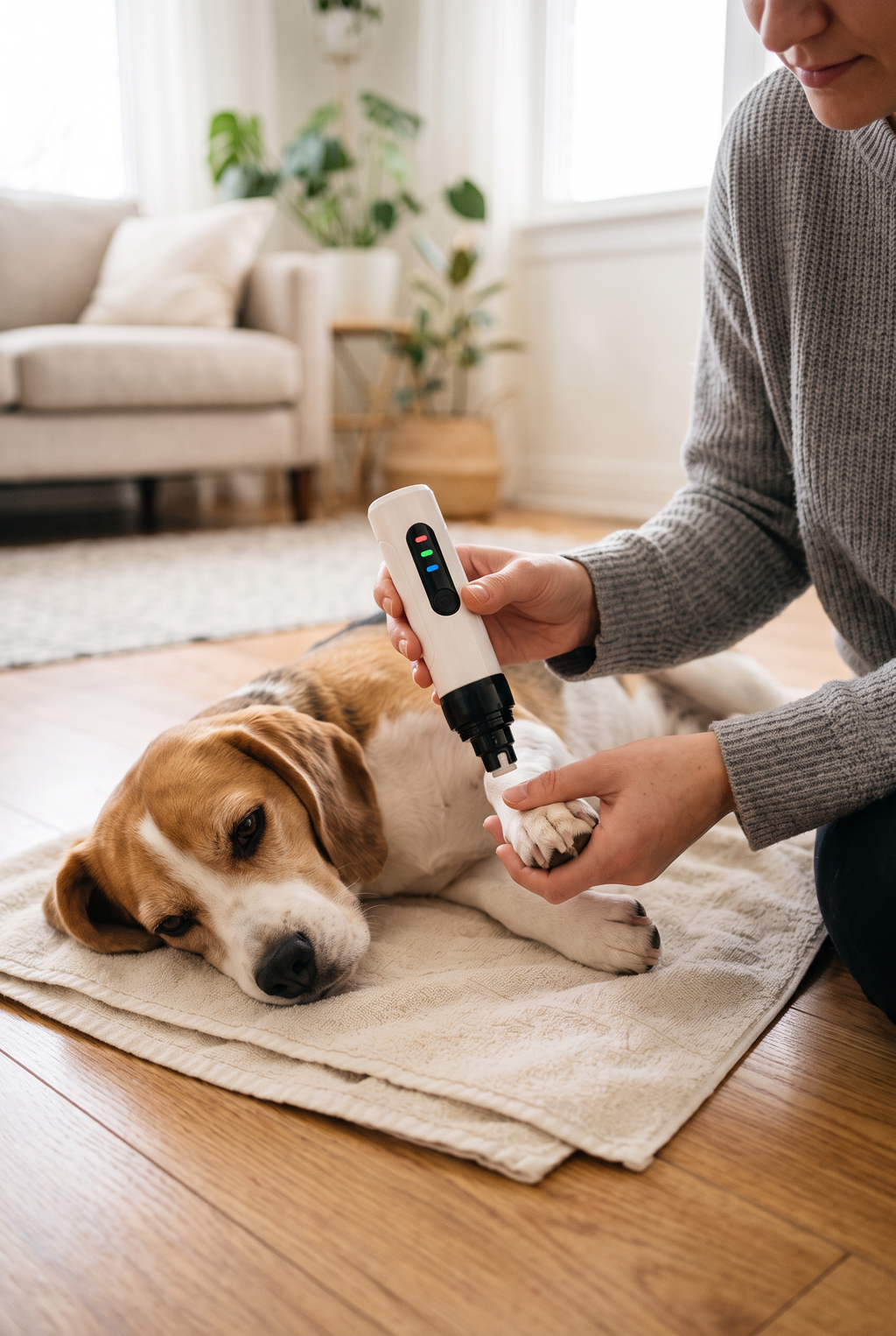 Smoothing a beagle's nails with the Polish grinder