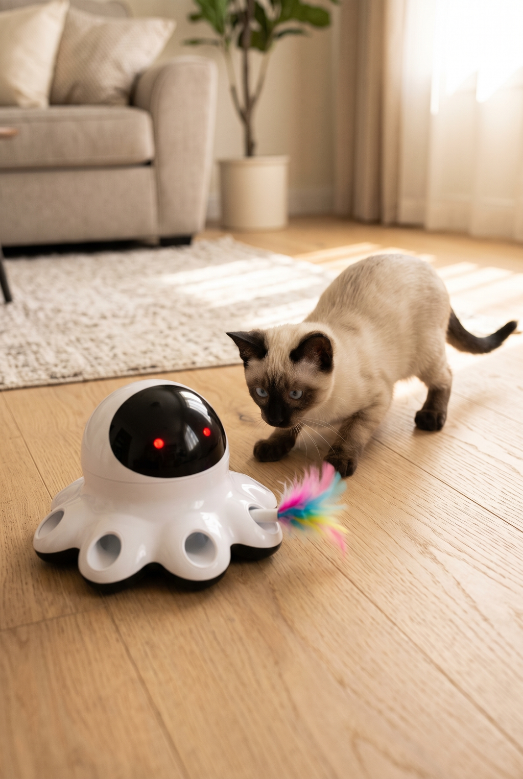 A Siamese cat about to pounce on the Pounce toy