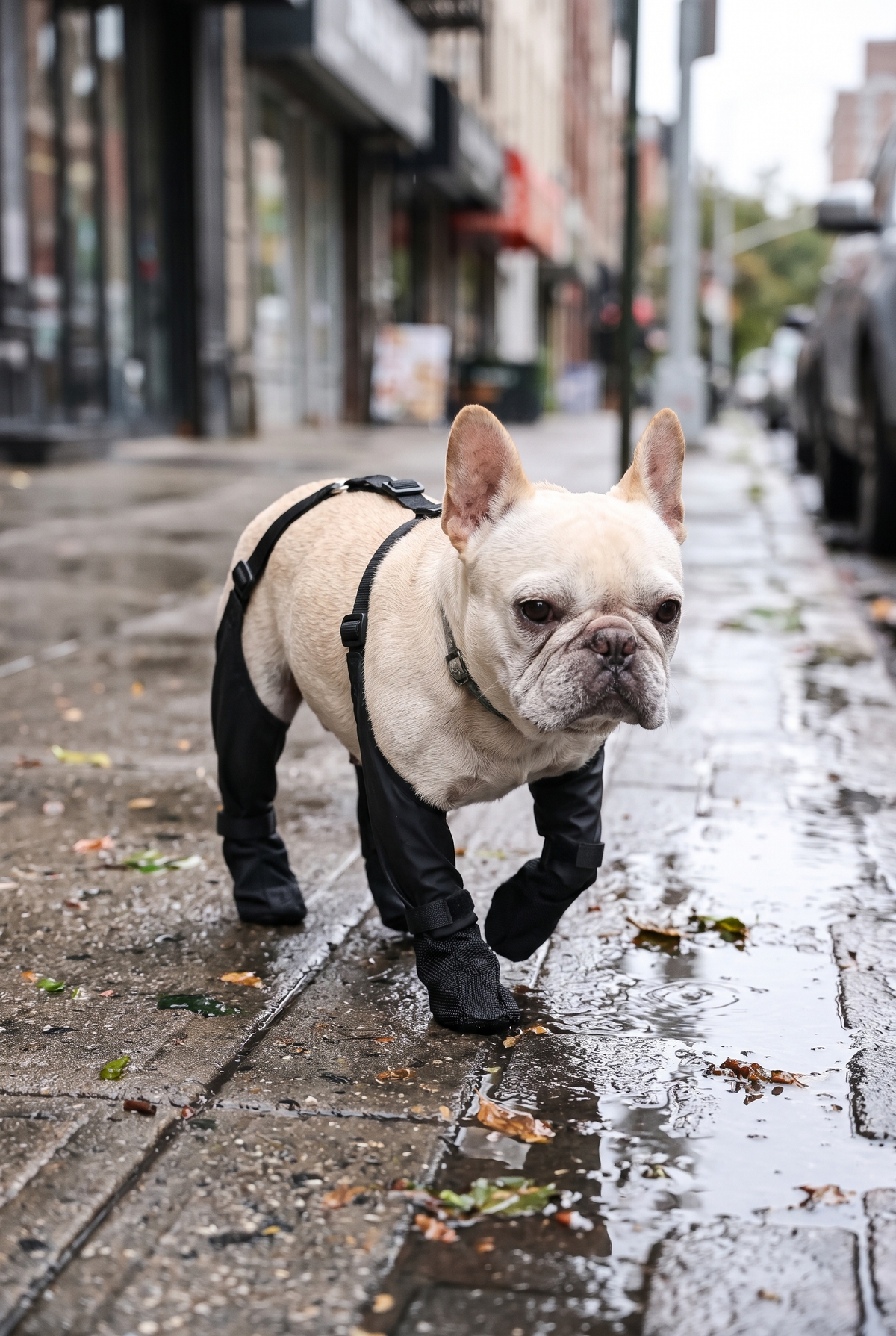 A French bulldog in Puddle suspender boots