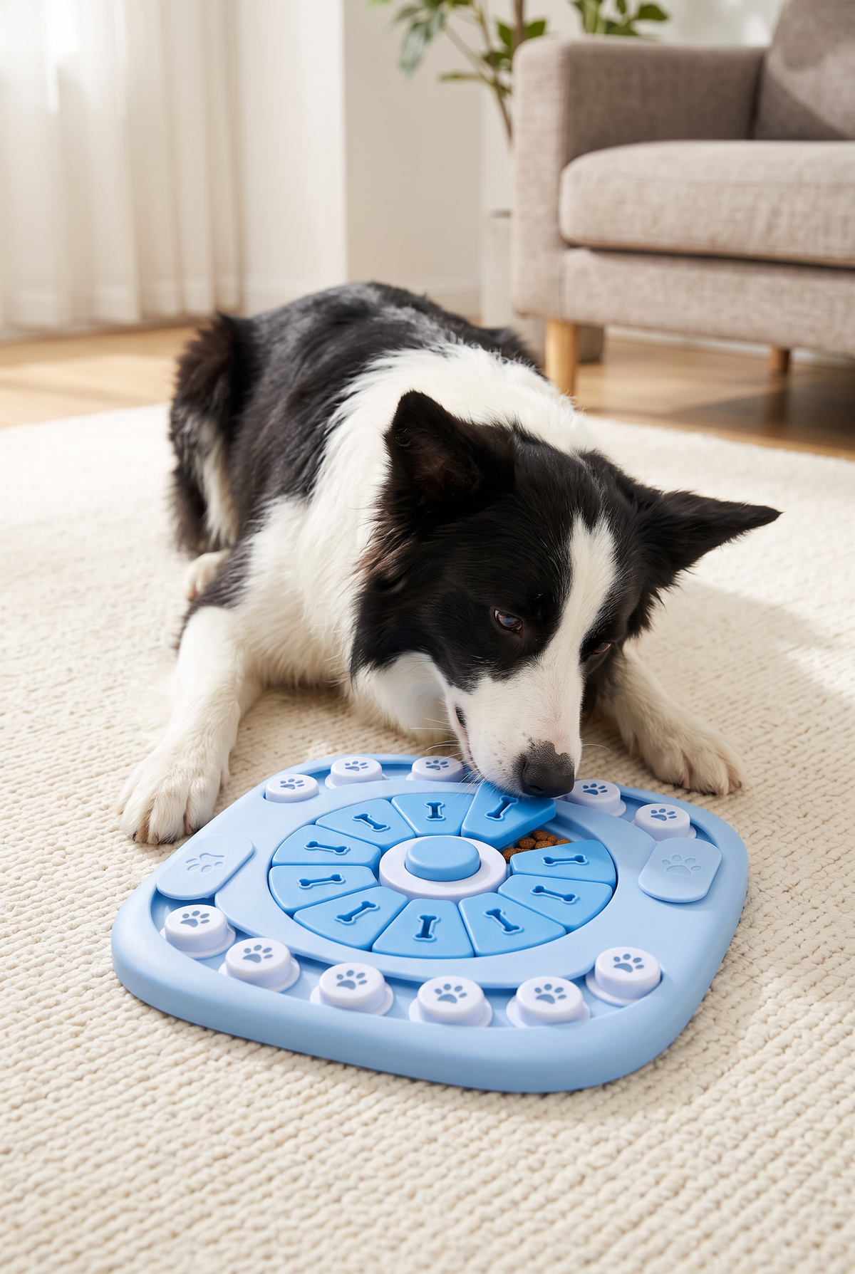 A border collie solving the Quest puzzle feeder