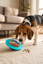 A beagle playing with the Riddle treat ball