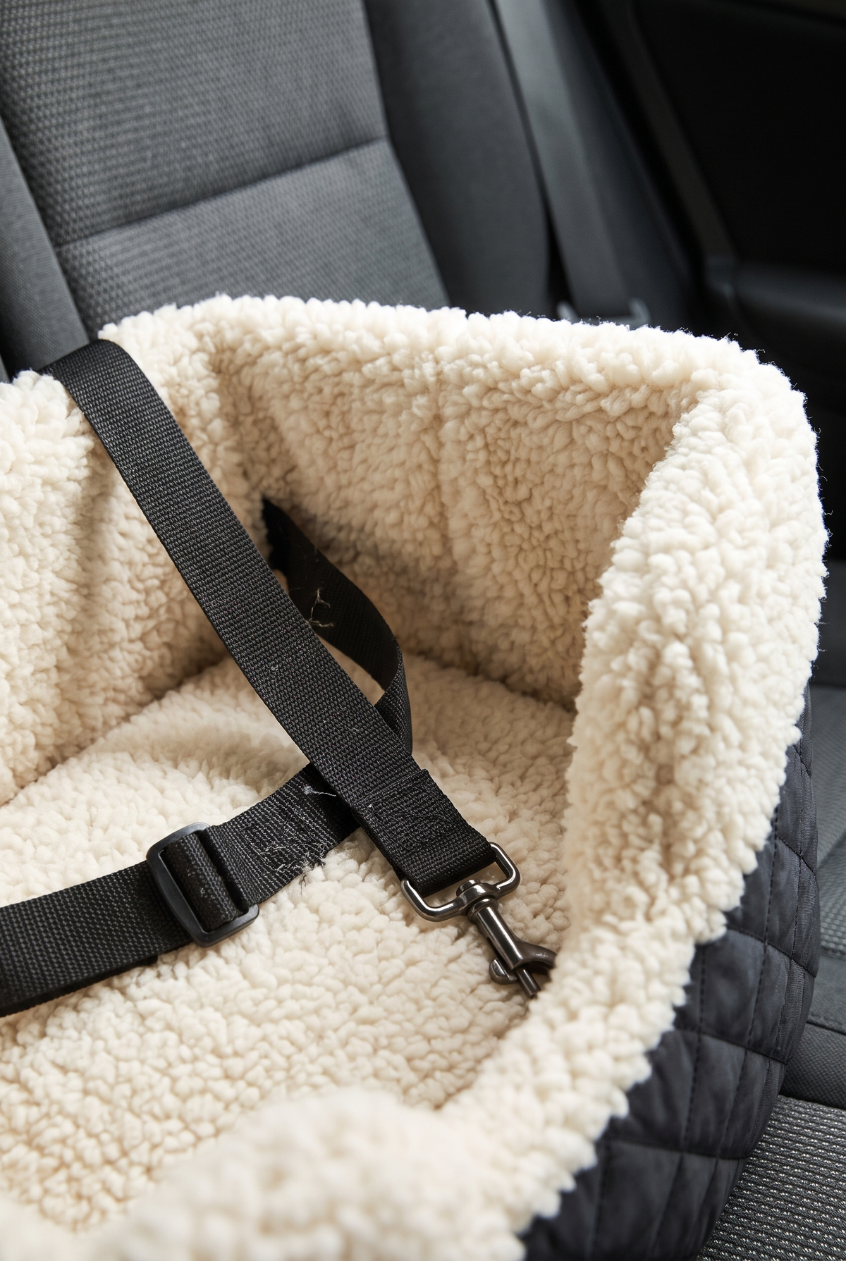 Ride car booster seat sherpa and safety clip close-up