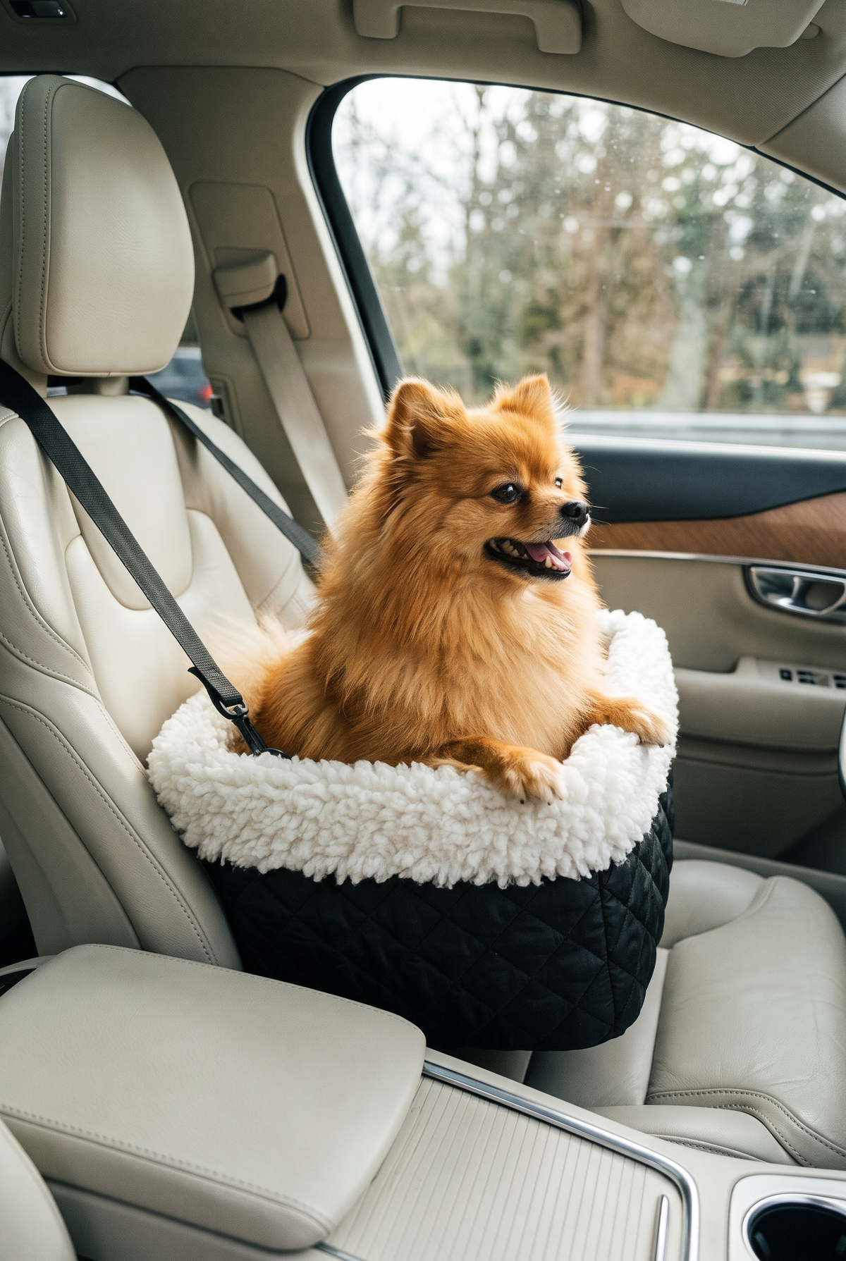 A Pomeranian riding in the Ride car booster seat