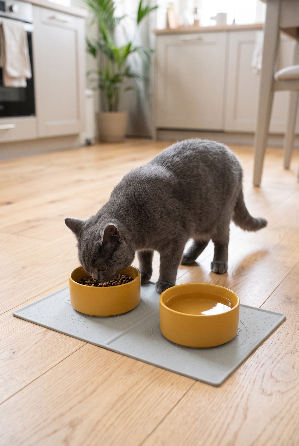 A cat eating on the Slate silicone feeding mat