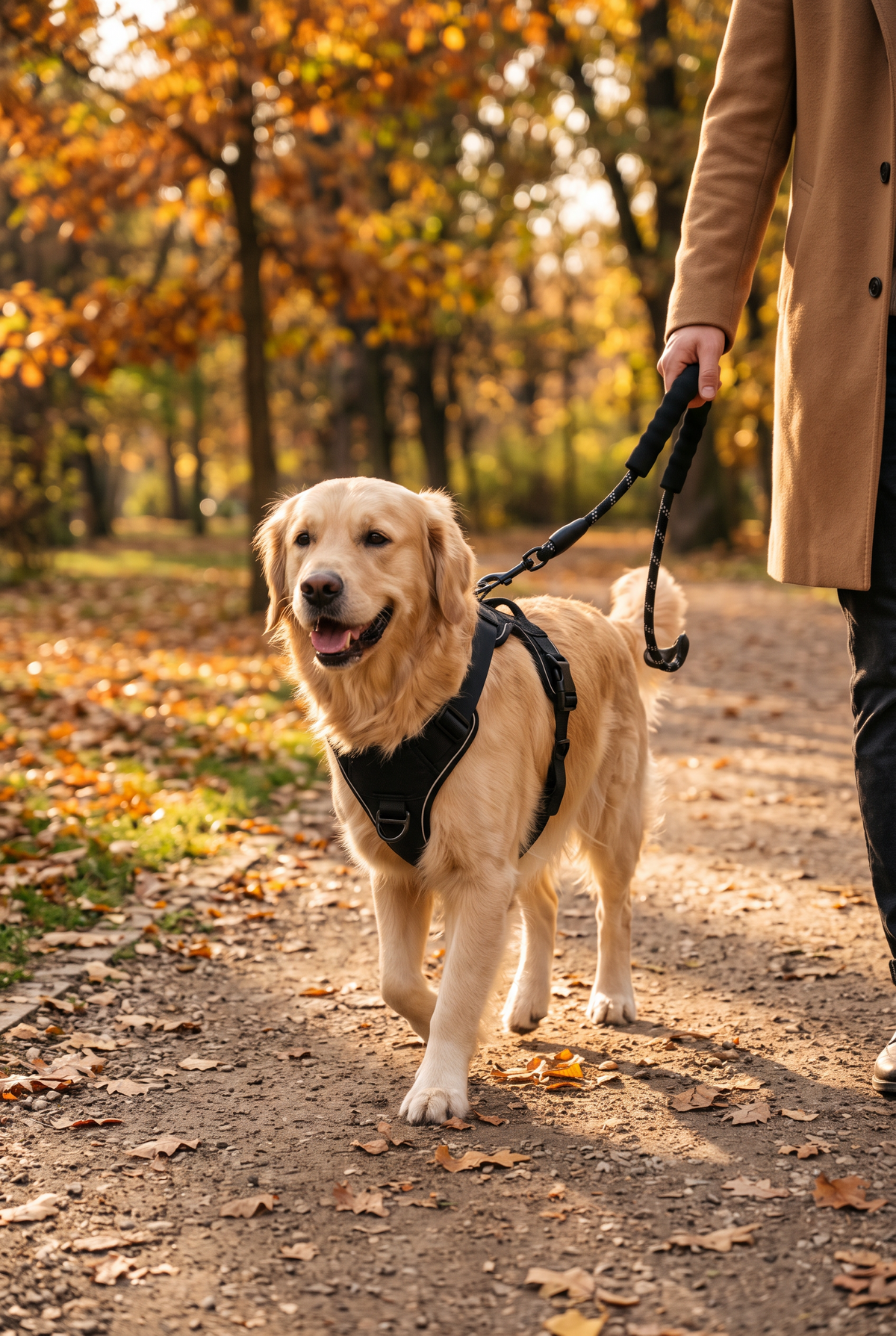 A golden retriever walking in the Stride harness