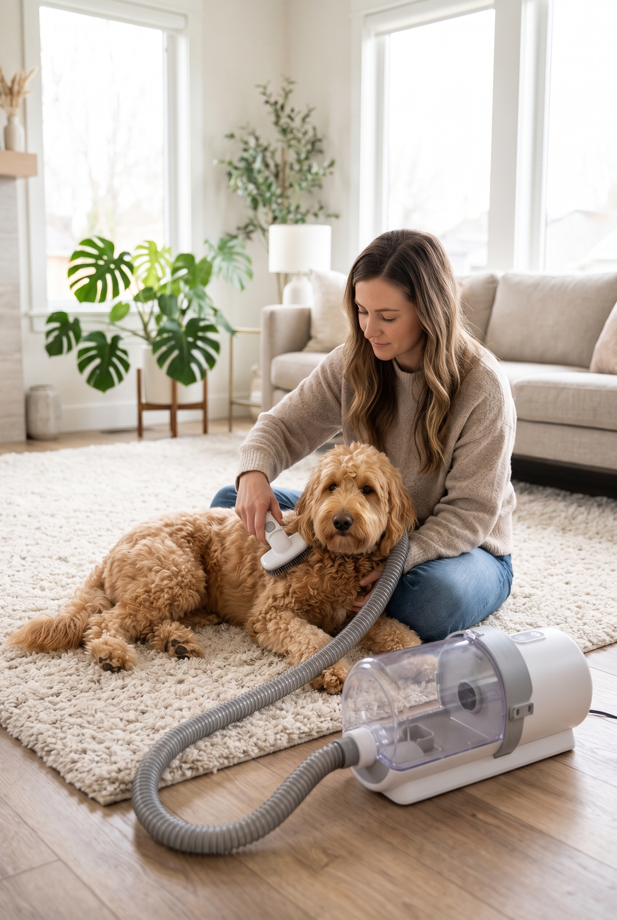 Grooming a doodle with the Sweep vacuum kit