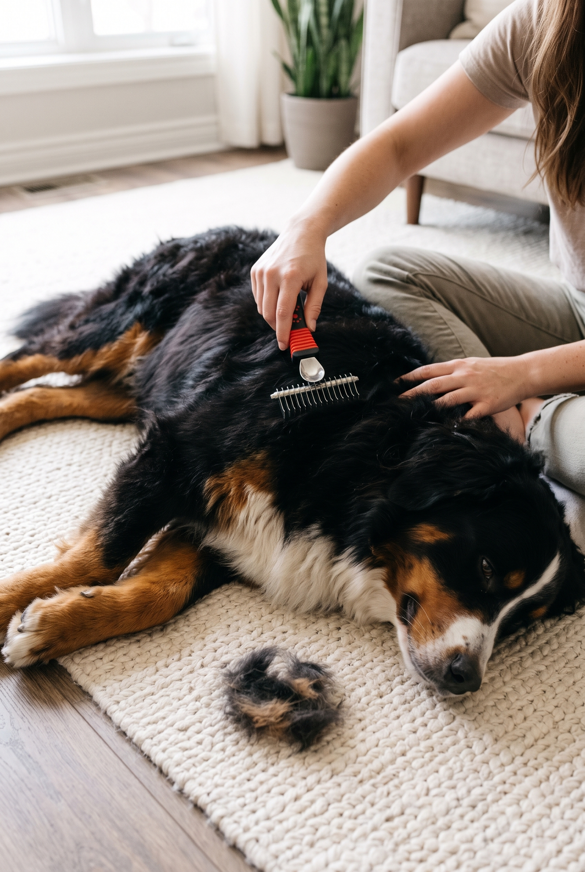 Combing a Bernese mountain dog with the Tame comb
