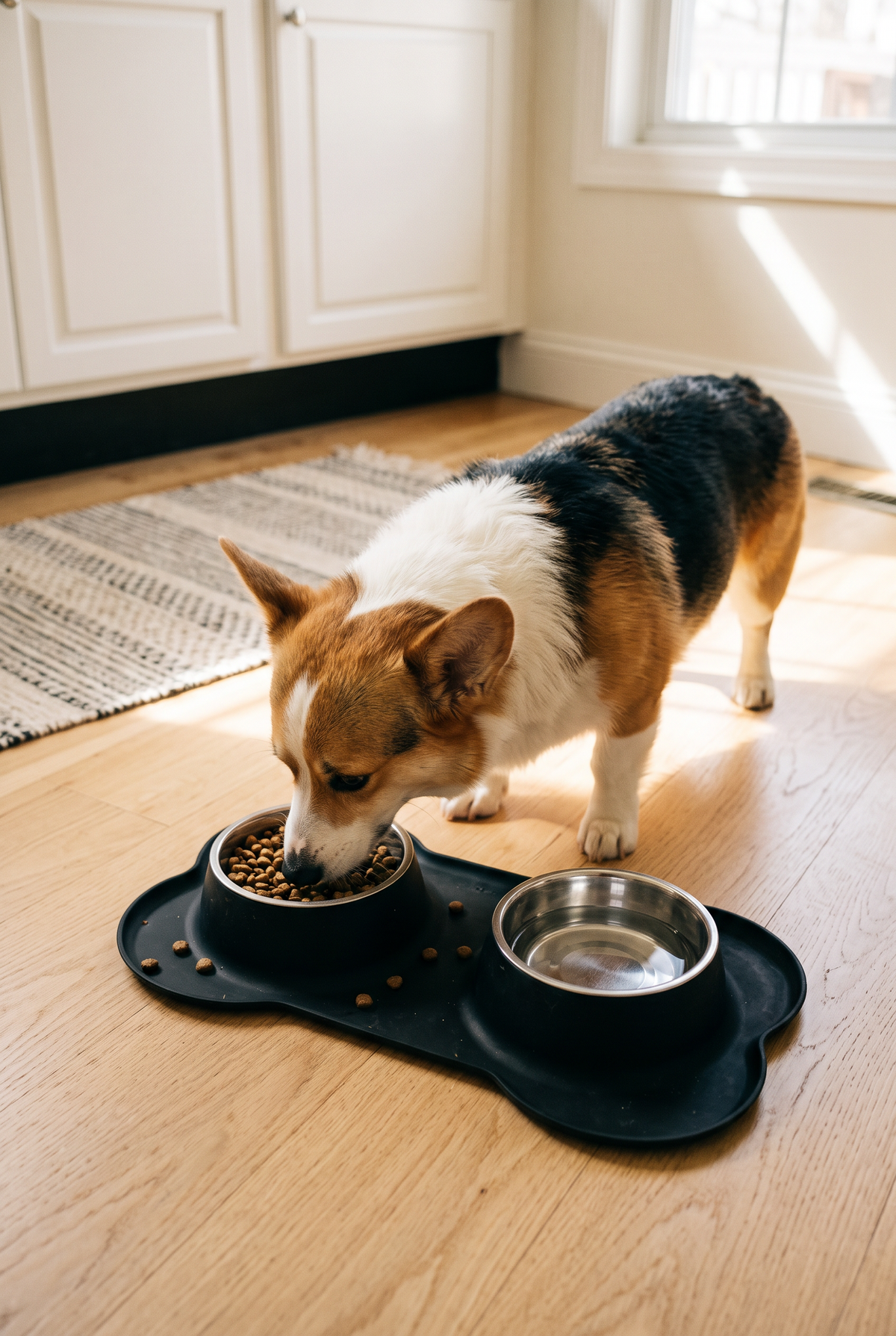 A corgi eating from the Tidy double bowl feeder
