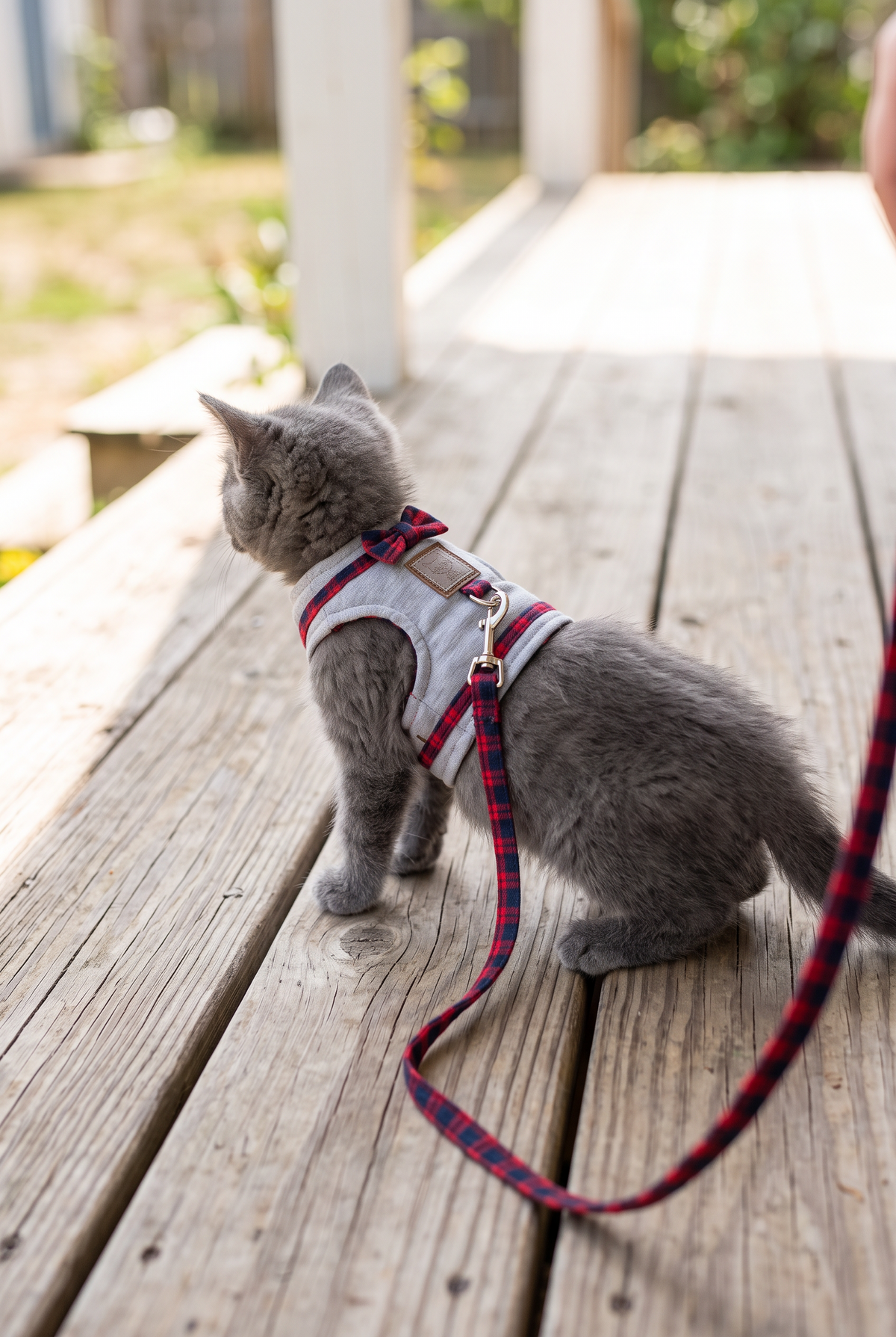 A gray kitten wearing the Wander cat harness on a porch